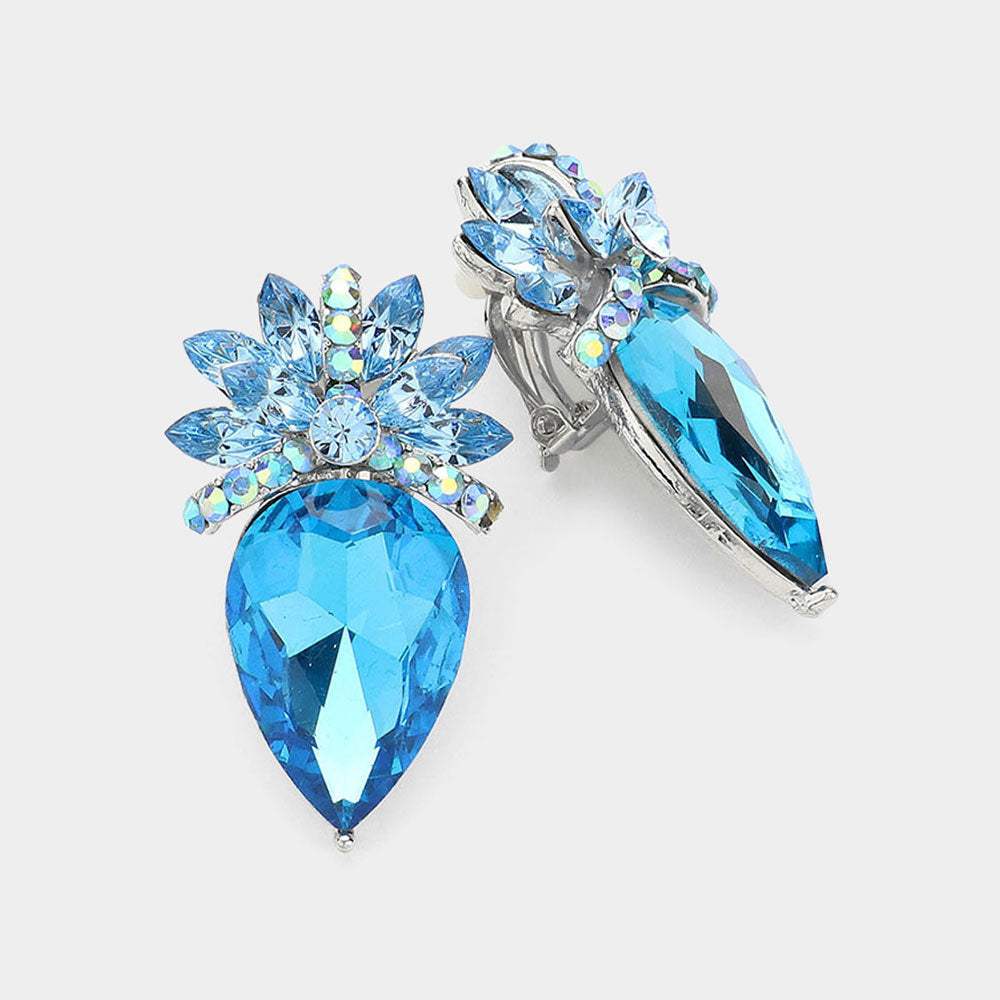 Floral Teardrop Crystal Clip On Earrings - Madeline Love - Flyclothing LLC