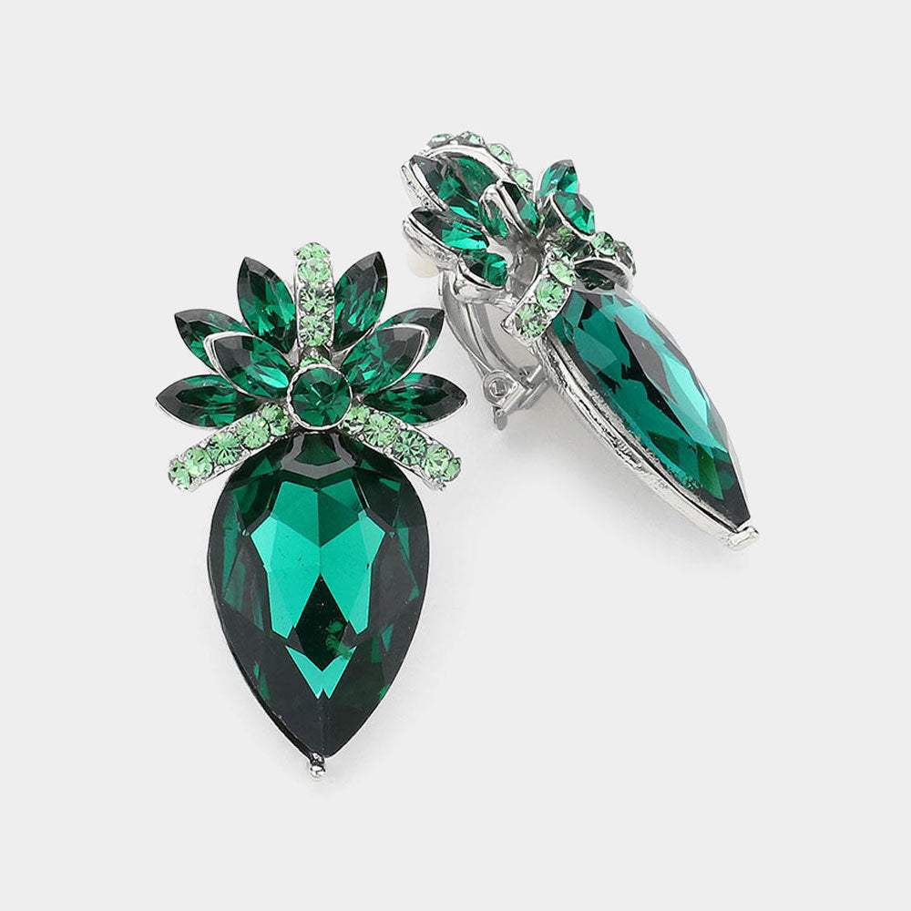 Floral Teardrop Crystal Clip On Earrings - Madeline Love - Flyclothing LLC