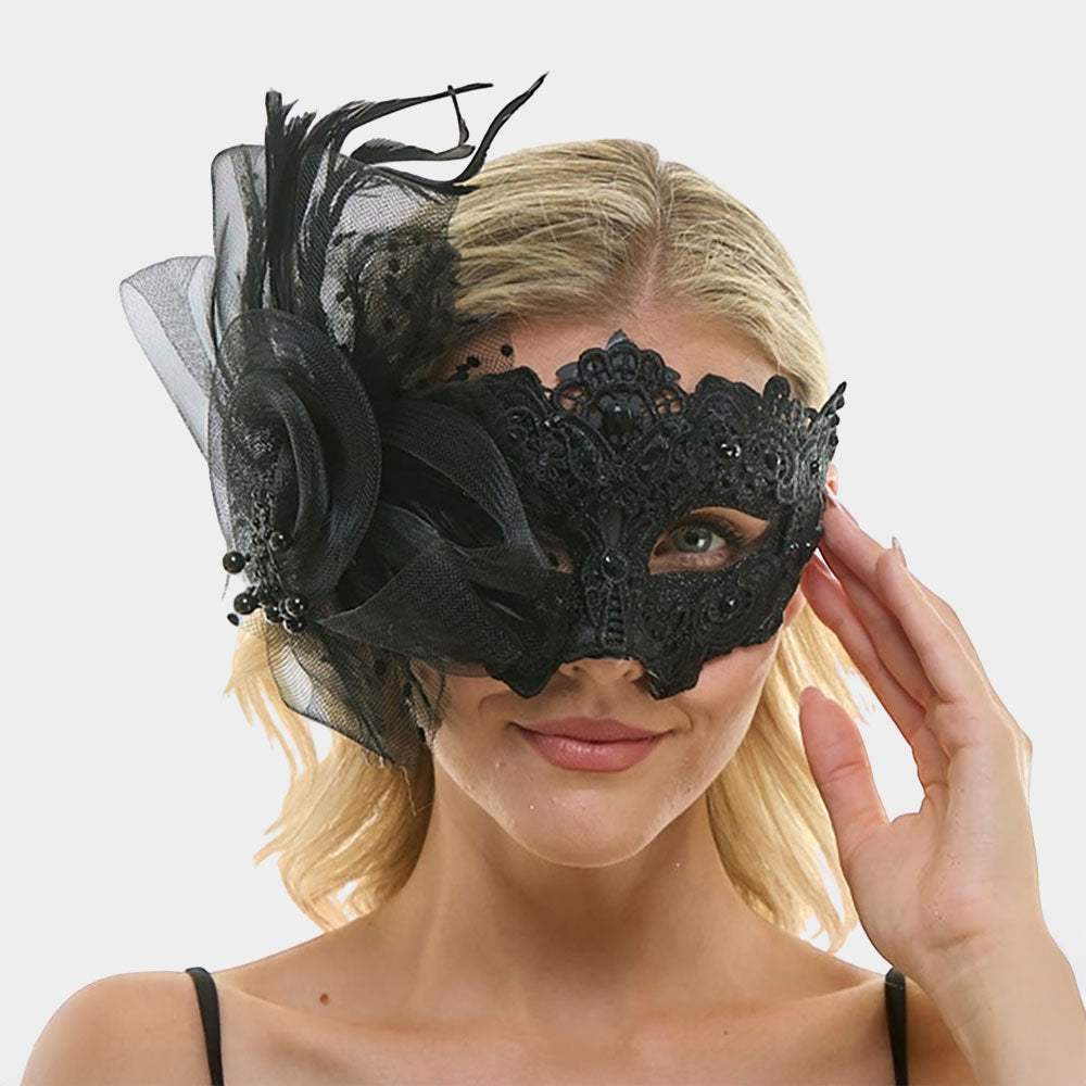 Floral Tulle Feather Lace Masquerade Halloween Party Mask - Madeline Love - Flyclothing LLC