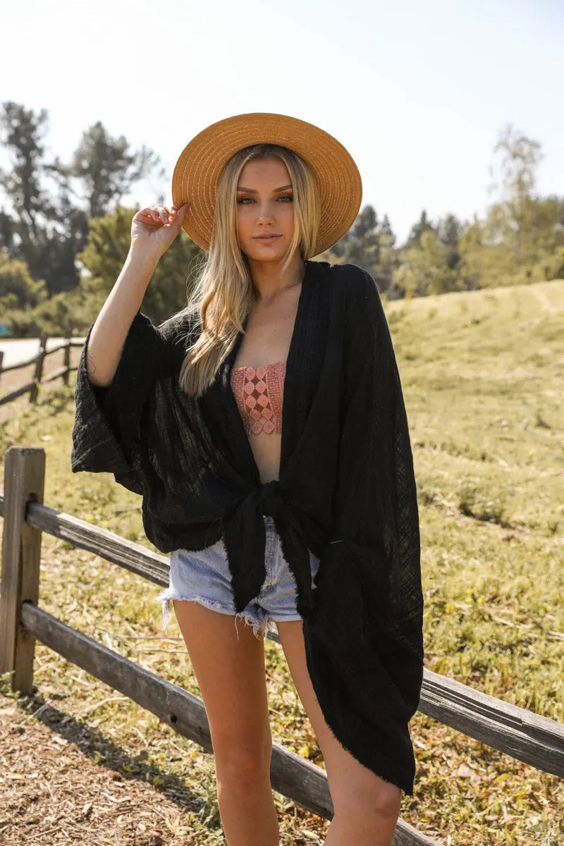 Flounce Tie-Front Kimono Wrap - Boho Clothing and Accessories - Flyclothing LLC