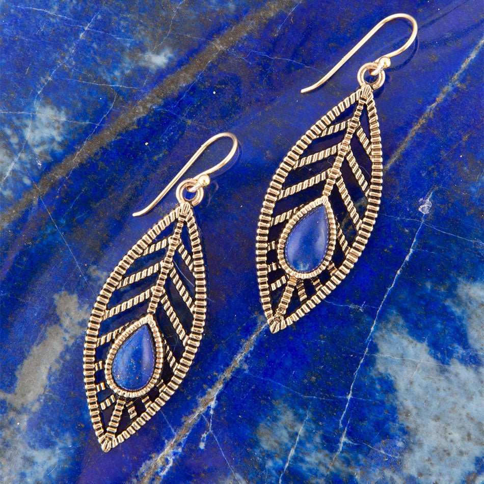Flourished Blue Lapis Golden Feather Drop Earrings - Barse Jewelry - Flyclothing LLC