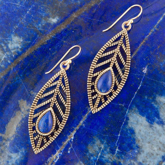 Flourished Blue Lapis Golden Feather Drop Earrings - Barse Jewelry - Flyclothing LLC