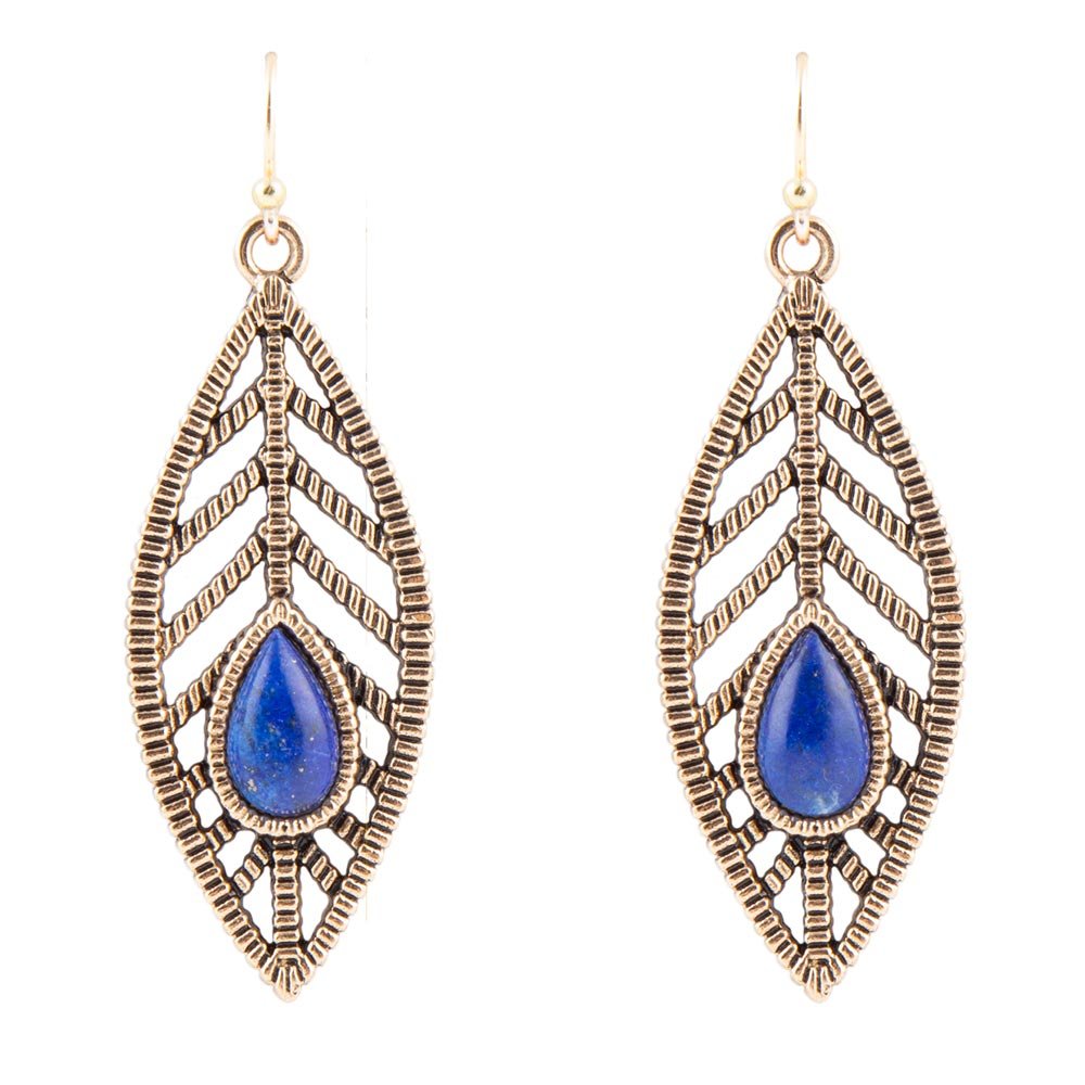 Flourished Blue Lapis Golden Feather Drop Earrings - Barse Jewelry