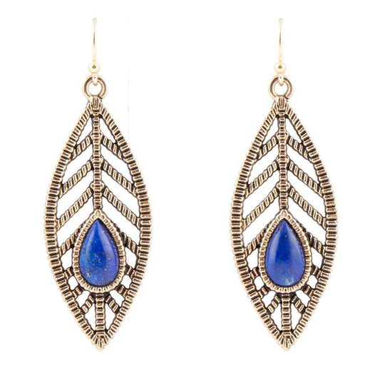 Flourished Blue Lapis Golden Feather Drop Earrings - Barse Jewelry - Flyclothing LLC
