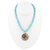 Flourished Golden Bronze Pendant Blue Turquoise Magnesite Necklace