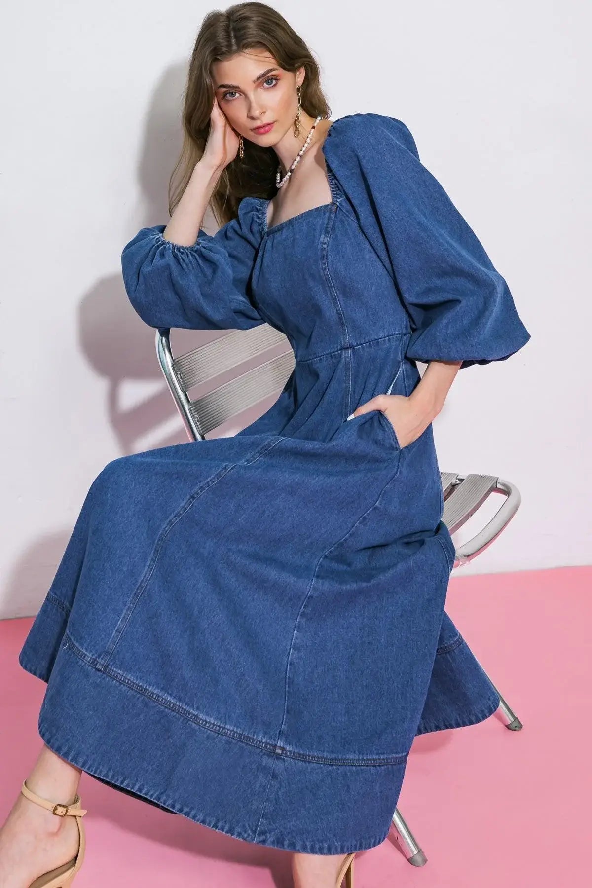 FEELIN'S GROOVY DENIM MIDI DRESS - Flying Tomato - Flyclothing LLC