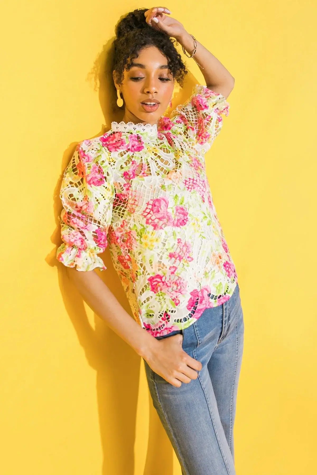 BLISS ME FLORAL WOVEN LACE TOP - Flying Tomato - Flyclothing LLC