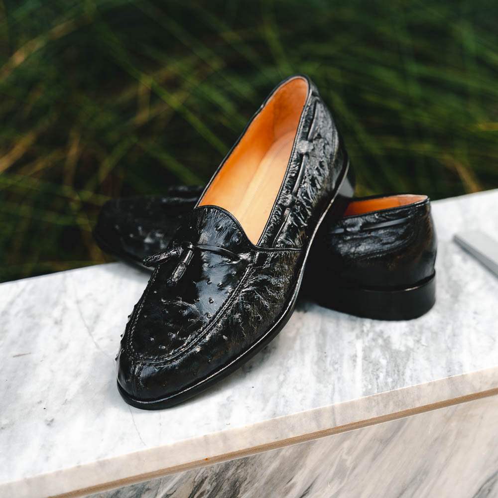 13-581-BLK FRANCO Ostrich Tassel Loafer, Black - Zelli Italia - Flyclothing LLC