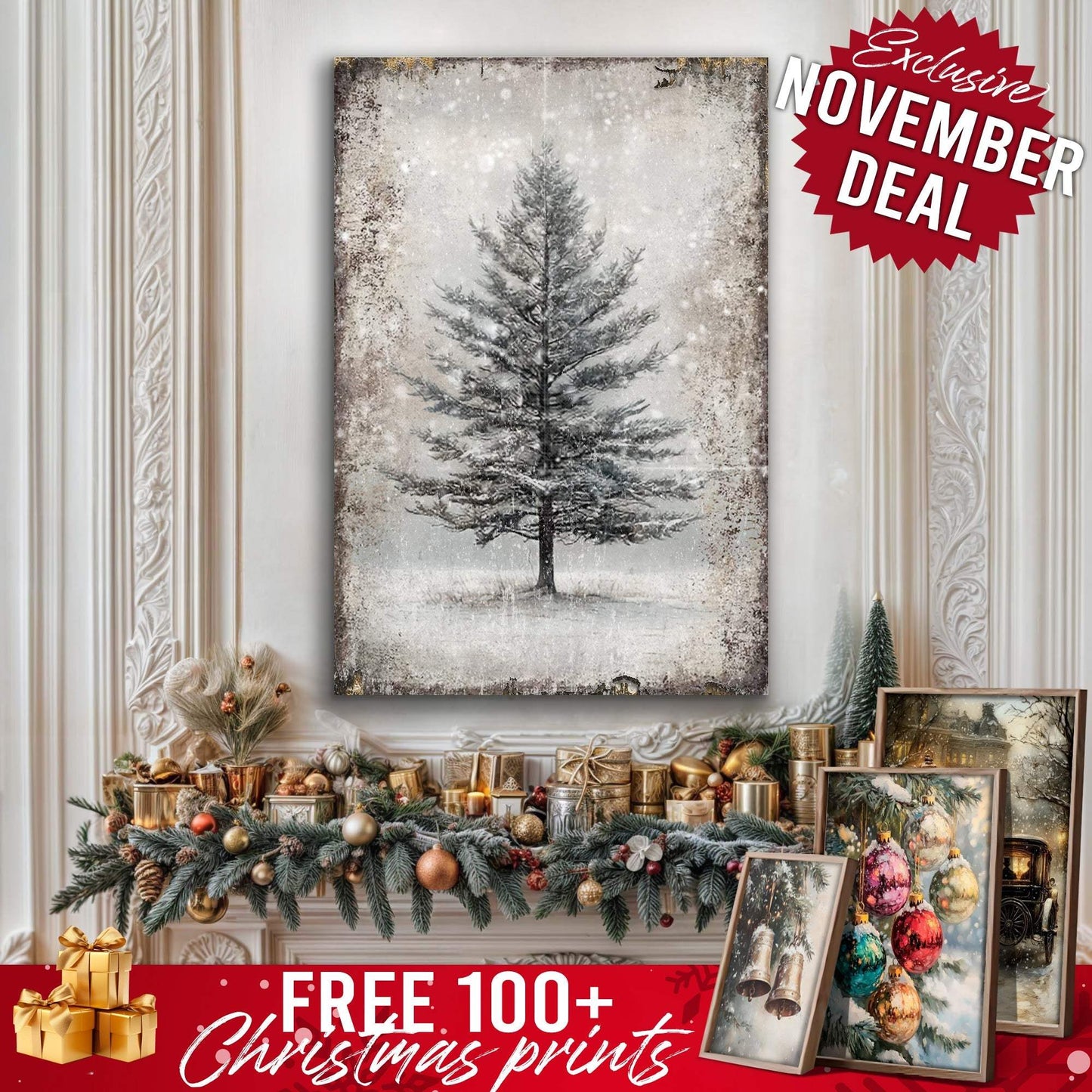 Vintage Christmas Tree Wall Art with Free 100+ Christmas Print - Tailored Canvases - Flyclothing LLC