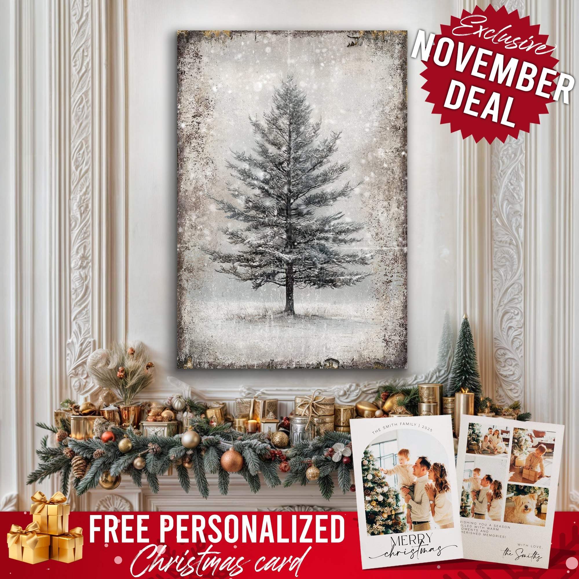 Vintage Christmas Tree Wall Art with Free Personalized Christmas Card - Tailored Canvases - Flyclothing LLC