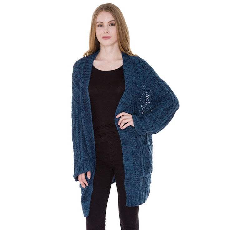 Front Pocket Knit Detail Soft Warm Long Cardigan - Madeline Love - Flyclothing LLC