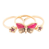 Pink Fuchsia Agate Golden Butterflies Triple Ring Set - Barse Jewelry