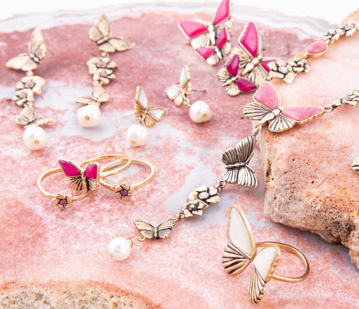 Pink Fuchsia Agate Golden Butterflies Triple Ring Set - Barse Jewelry - Flyclothing LLC