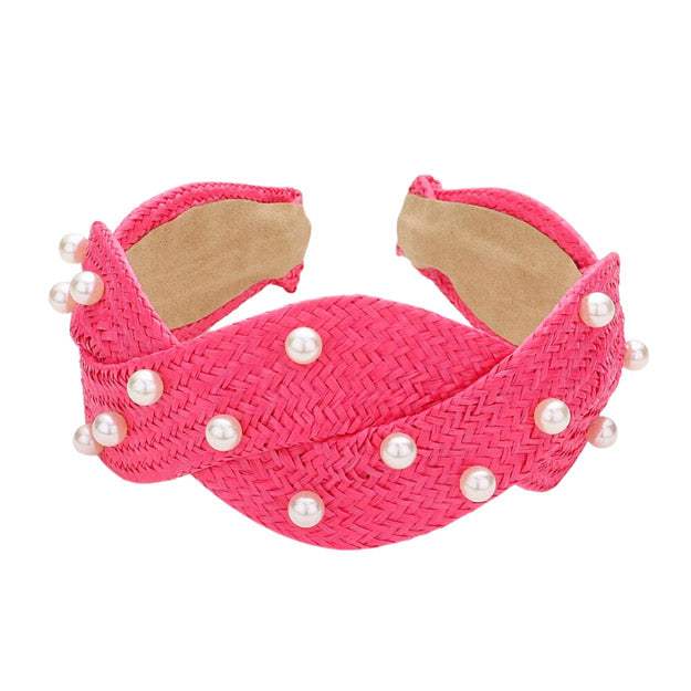 Pearl Embellished Braided Straw Headband - Madeline Love - Flyclothing LLC