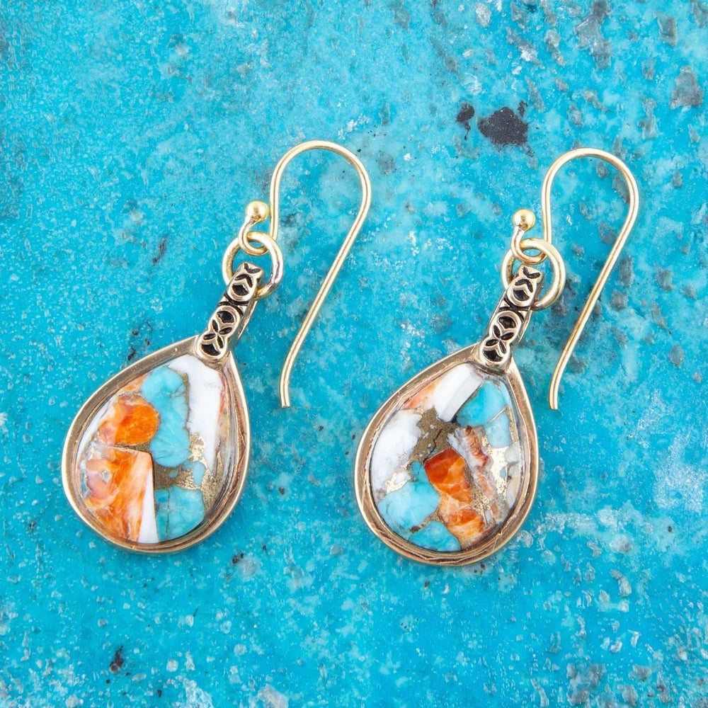 Blue and Orange Turquoise and Spiny Oyster Shell Stone Mix Golden Earrings - Barse Jewelry - Flyclothing LLC