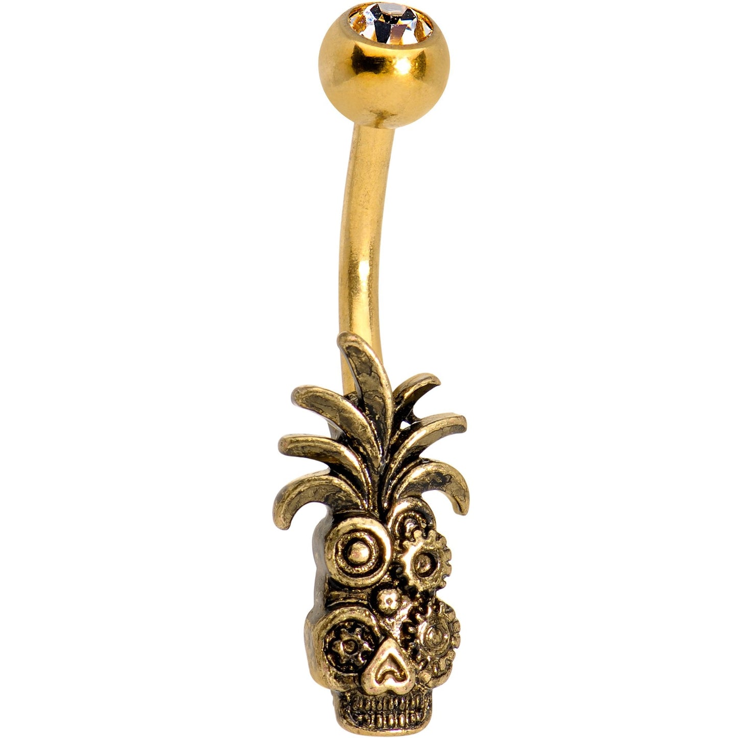 Clear Gem Gold PVD Steampunk Tiki Skull Headdress Belly Ring - BodyCandy - Flyclothing LLC