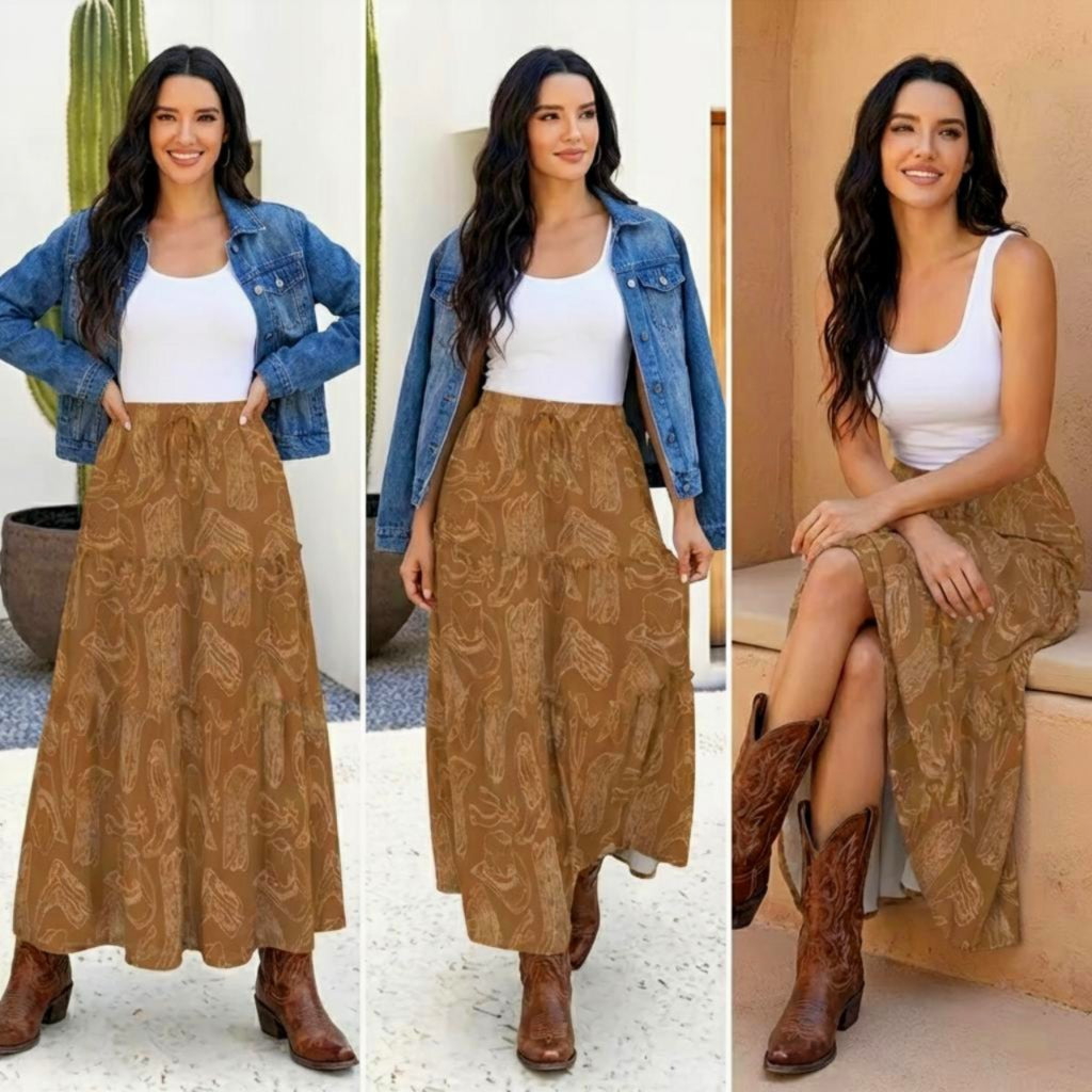 Baha Ranch Western Boot Print Tiered Prairie Maxi Skirt - Baha Ranch Western Wear - Flyclothing LLC