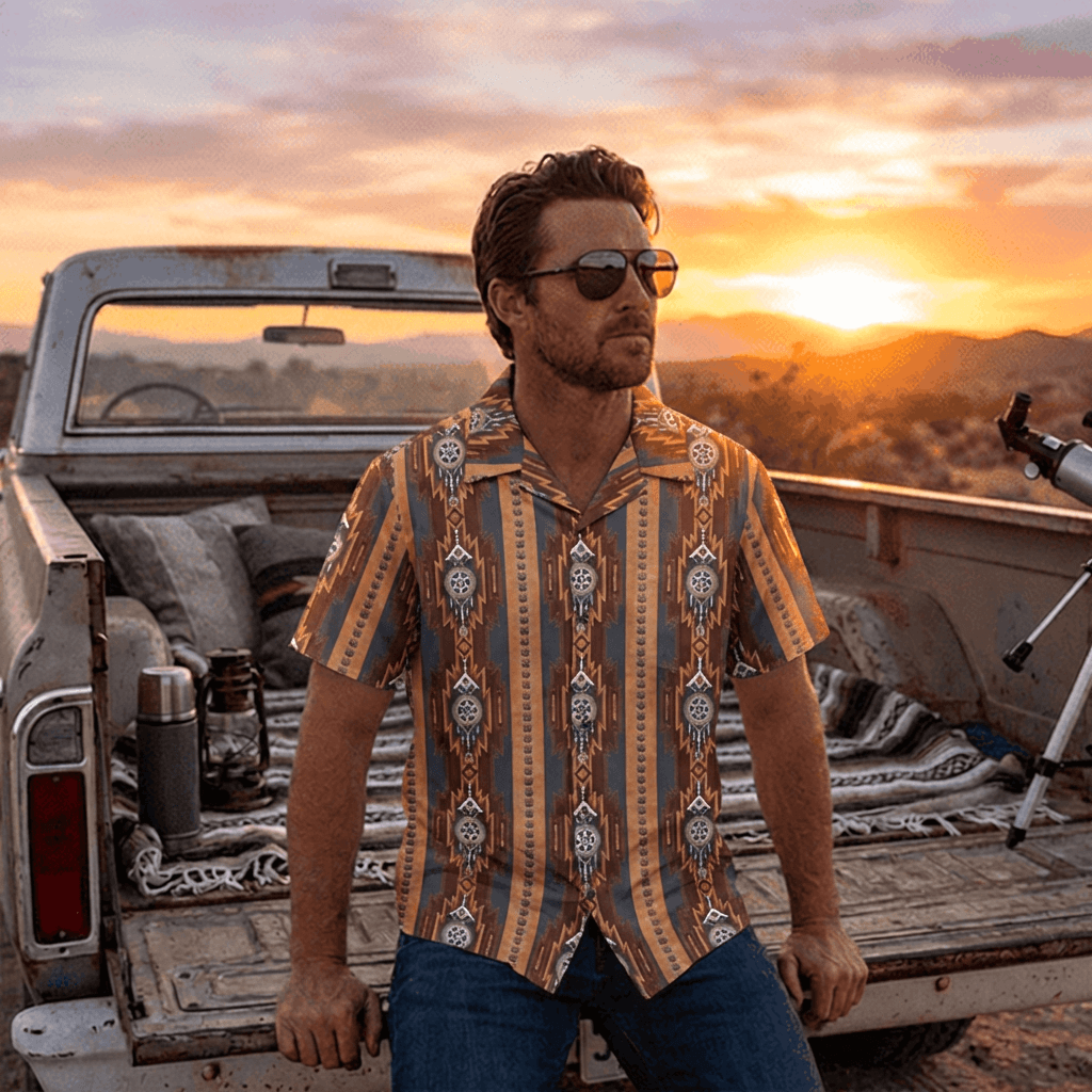 Baha Ranch Mocha Aztec Hawaiian Shirt Made in America - Baha Ranch Western Wear - Flyclothing LLC
