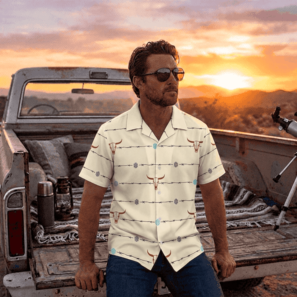 Baha Ranch Barbwire Aztec Hawaiian Shirt Made in America - Baha Ranch Western Wear - Flyclothing LLC