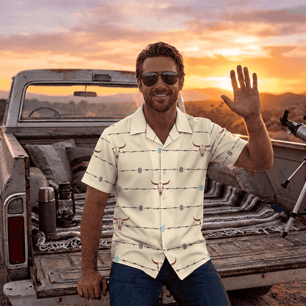 Baha Ranch Barbwire Aztec Hawaiian Shirt Made in America - Baha Ranch Western Wear - Flyclothing LLC