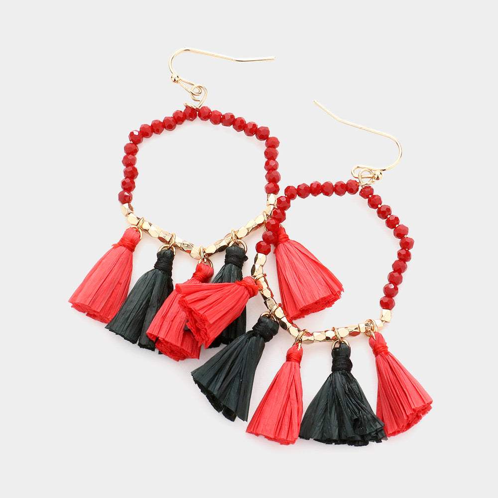 Game Day Beaded Open Hexagon Raffia Tassel Link Dangle Earrings - Madeline Love - Flyclothing LLC