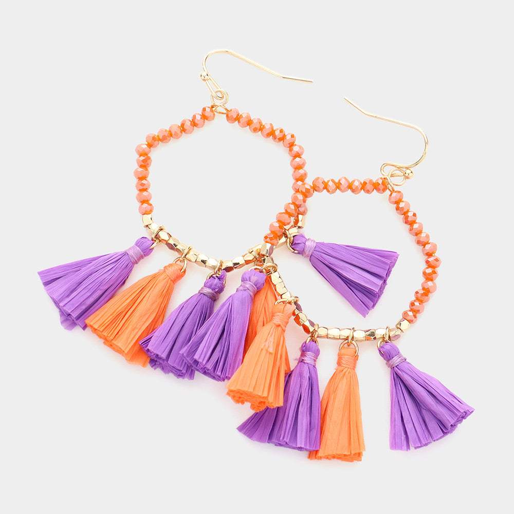 Game Day Beaded Open Hexagon Raffia Tassel Link Dangle Earrings - Madeline Love - Flyclothing LLC