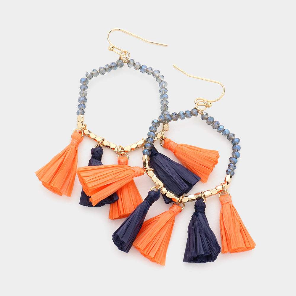 Game Day Beaded Open Hexagon Raffia Tassel Link Dangle Earrings - Madeline Love - Flyclothing LLC