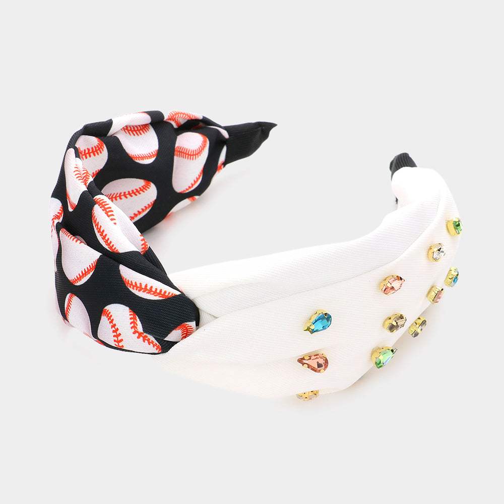 Game Day Multi Stone Embellished Baseball Patterned Twisted Headband - Madeline Love - Flyclothing LLC