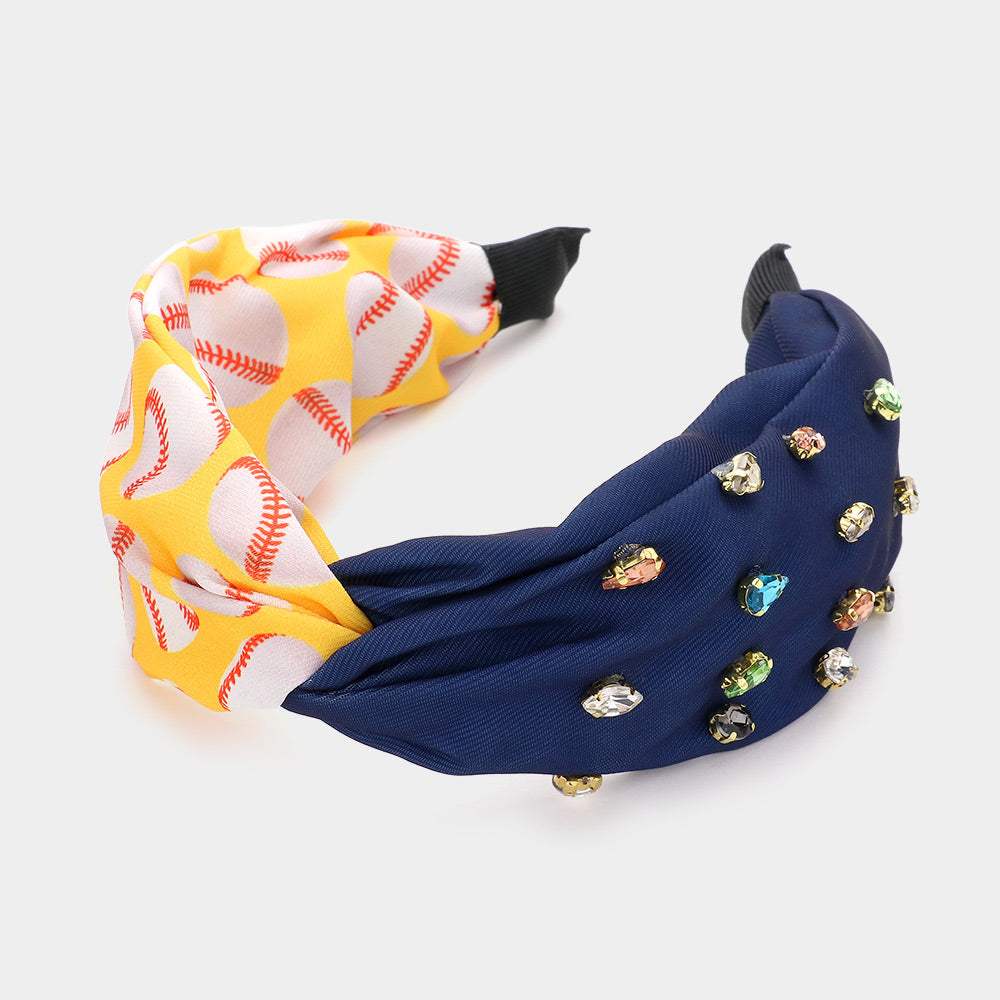Game Day Multi Stone Embellished Baseball Patterned Twisted Headband - Madeline Love - Flyclothing LLC
