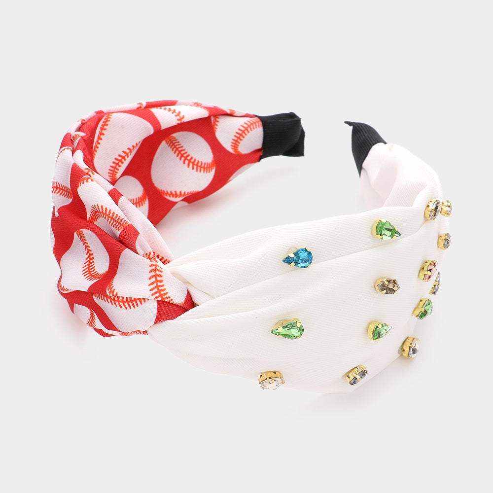 Game Day Multi Stone Embellished Baseball Patterned Twisted Headband - Madeline Love - Flyclothing LLC