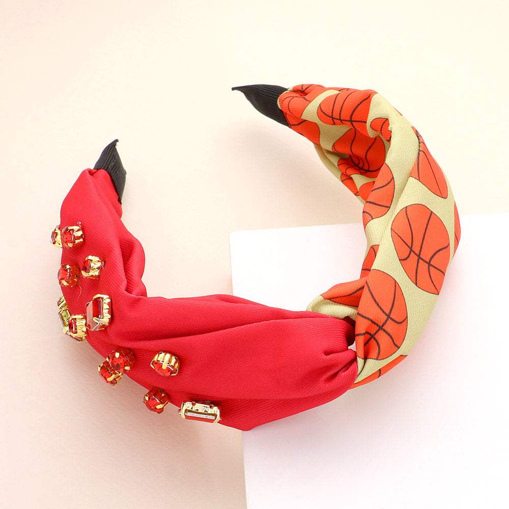 Game Day Multi Stone Embellished Basketball Patterned Twisted Headband - Madeline Love - Flyclothing LLC