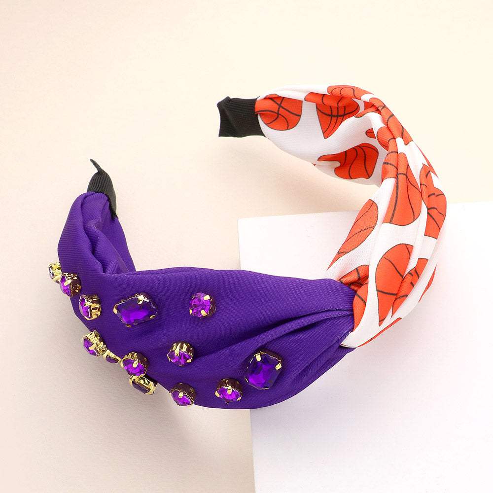 Game Day Multi Stone Embellished Basketball Patterned Twisted Headband - Madeline Love - Flyclothing LLC