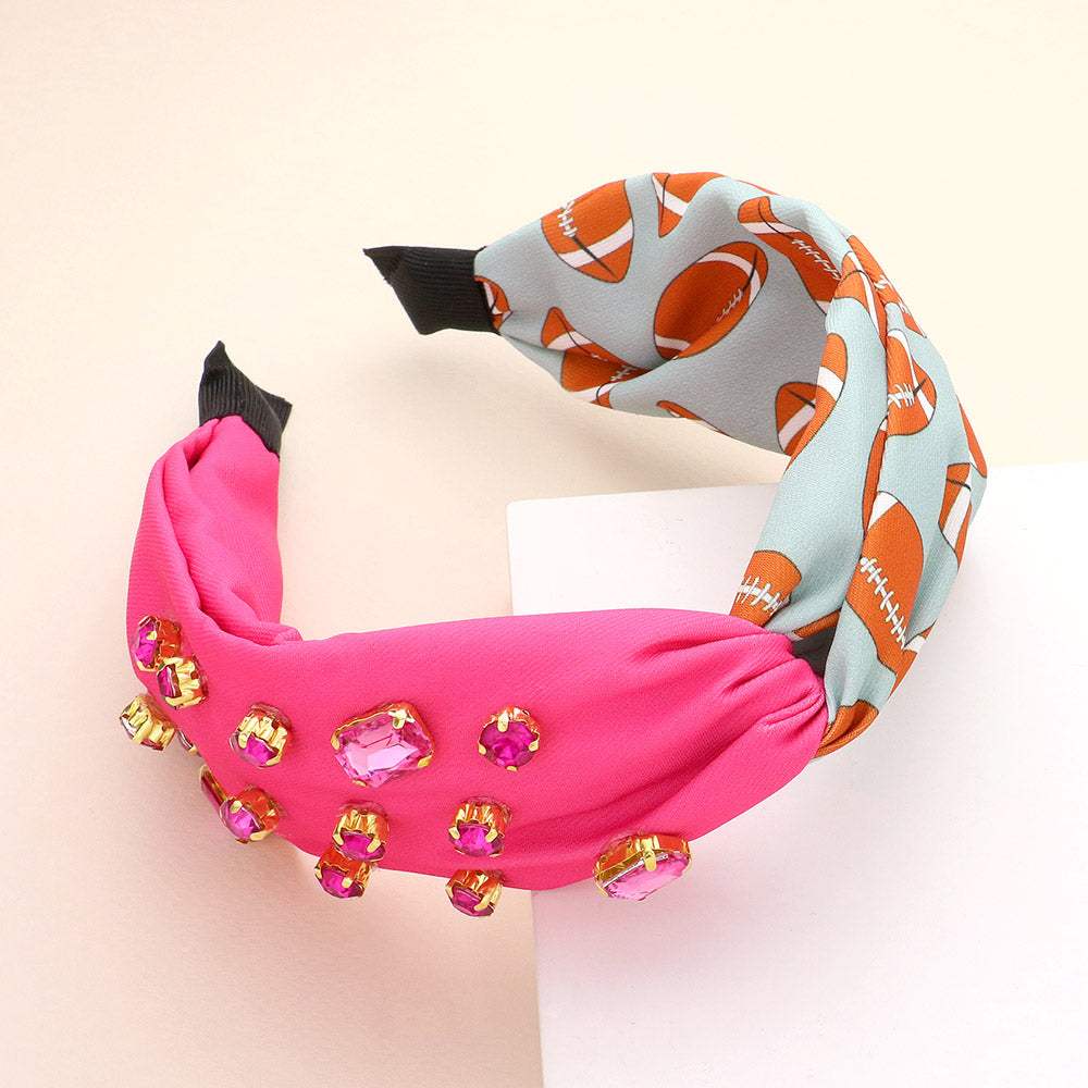 Game Day Multi Stone Embellished Football Patterned Twisted Headband - Madeline Love - Flyclothing LLC