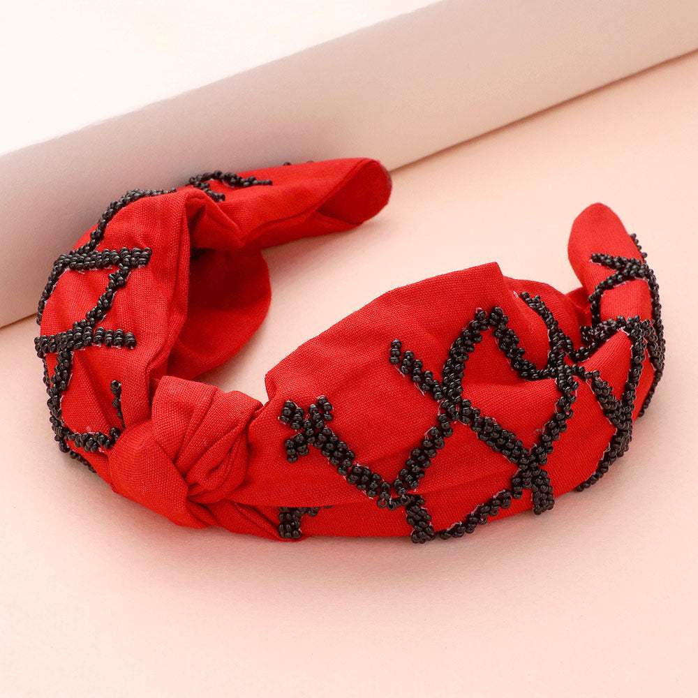 Game Day Seed Beaded Check Patterned Knot Burnout Headband - Madeline Love - Flyclothing LLC
