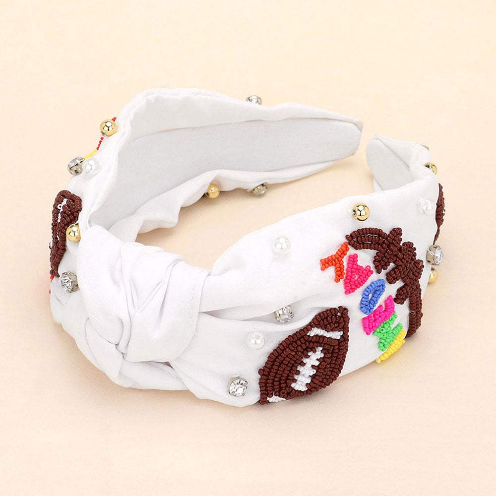Gameday Football Seed Beaded Pearl Metal Ball Stone Cluster Embellished Knot Headband - Madeline Love - Flyclothing LLC