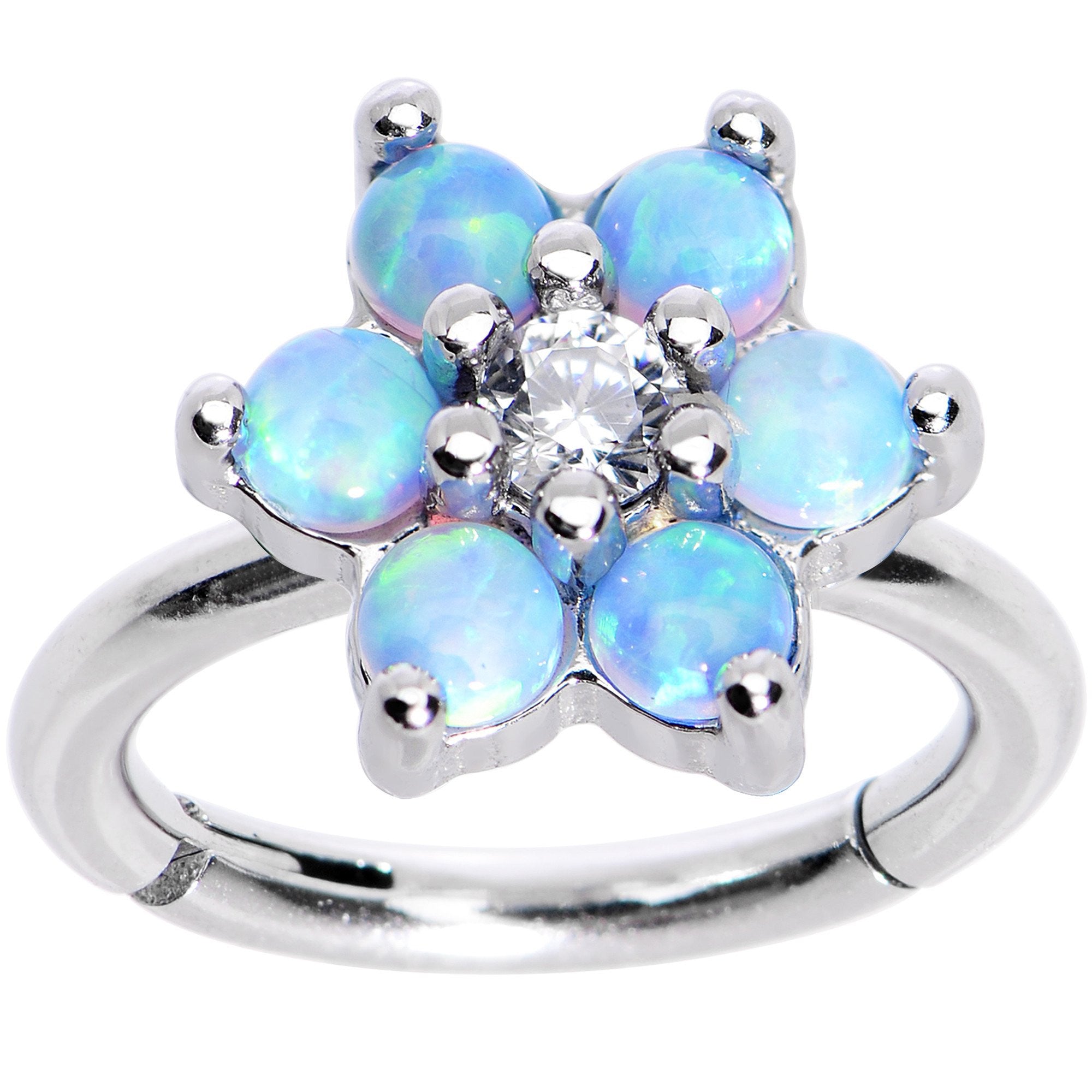 16G 5/16 Clear CZ Gem Blue Faux Opal Hinged Segment Ring - BodyCandy - Flyclothing LLC