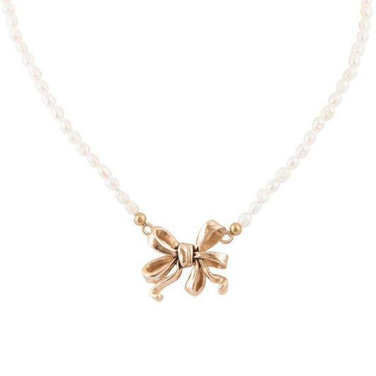 Gifted Freshwater White Pearl Golden Bow Pendant Necklace - Barse Jewelry - Flyclothing LLC