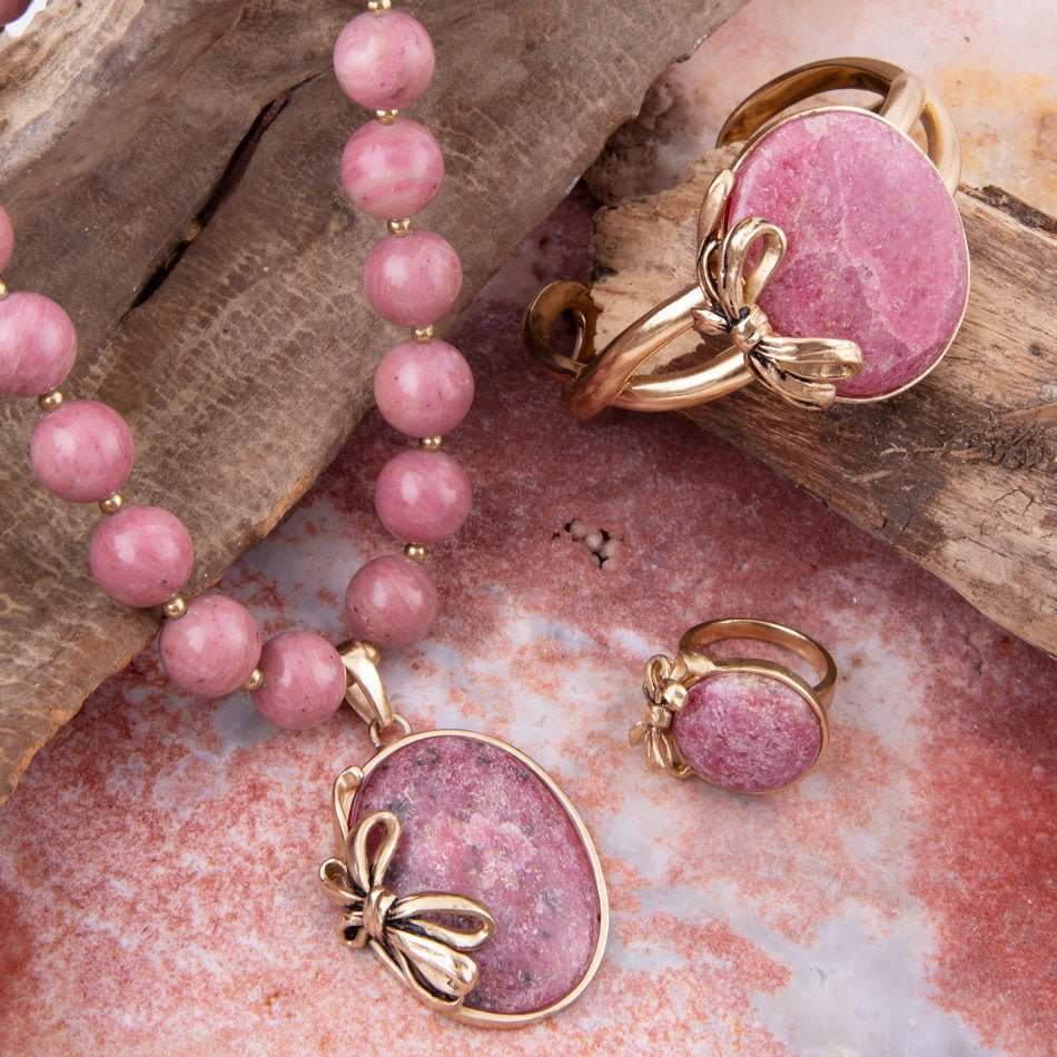 Gifted Pink Rhodonite Gold Bow Beaded Pendant Necklace - Barse Jewelry - Flyclothing LLC
