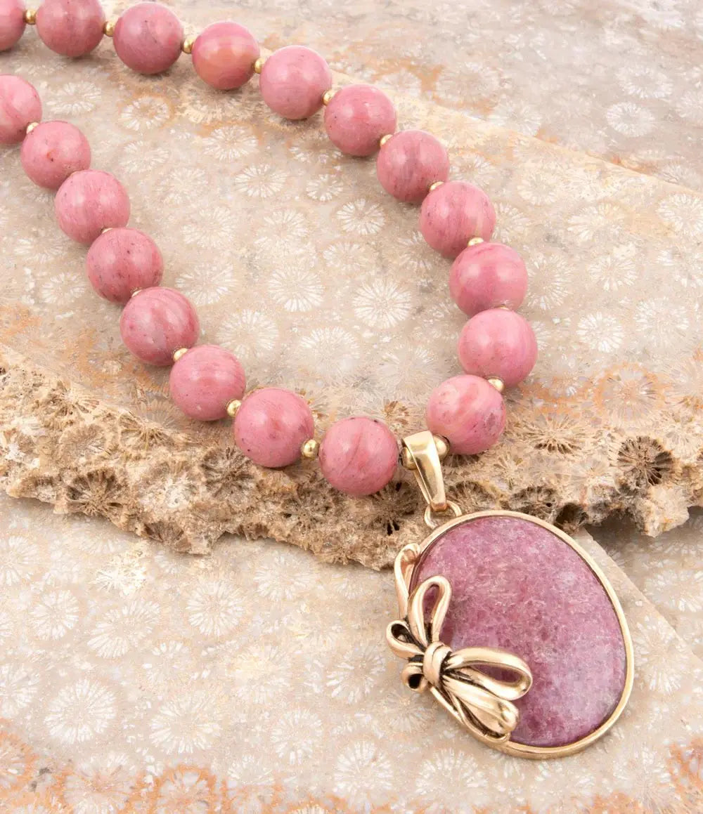 Gifted Pink Rhodonite Gold Bow Beaded Pendant Necklace - Barse Jewelry - Flyclothing LLC