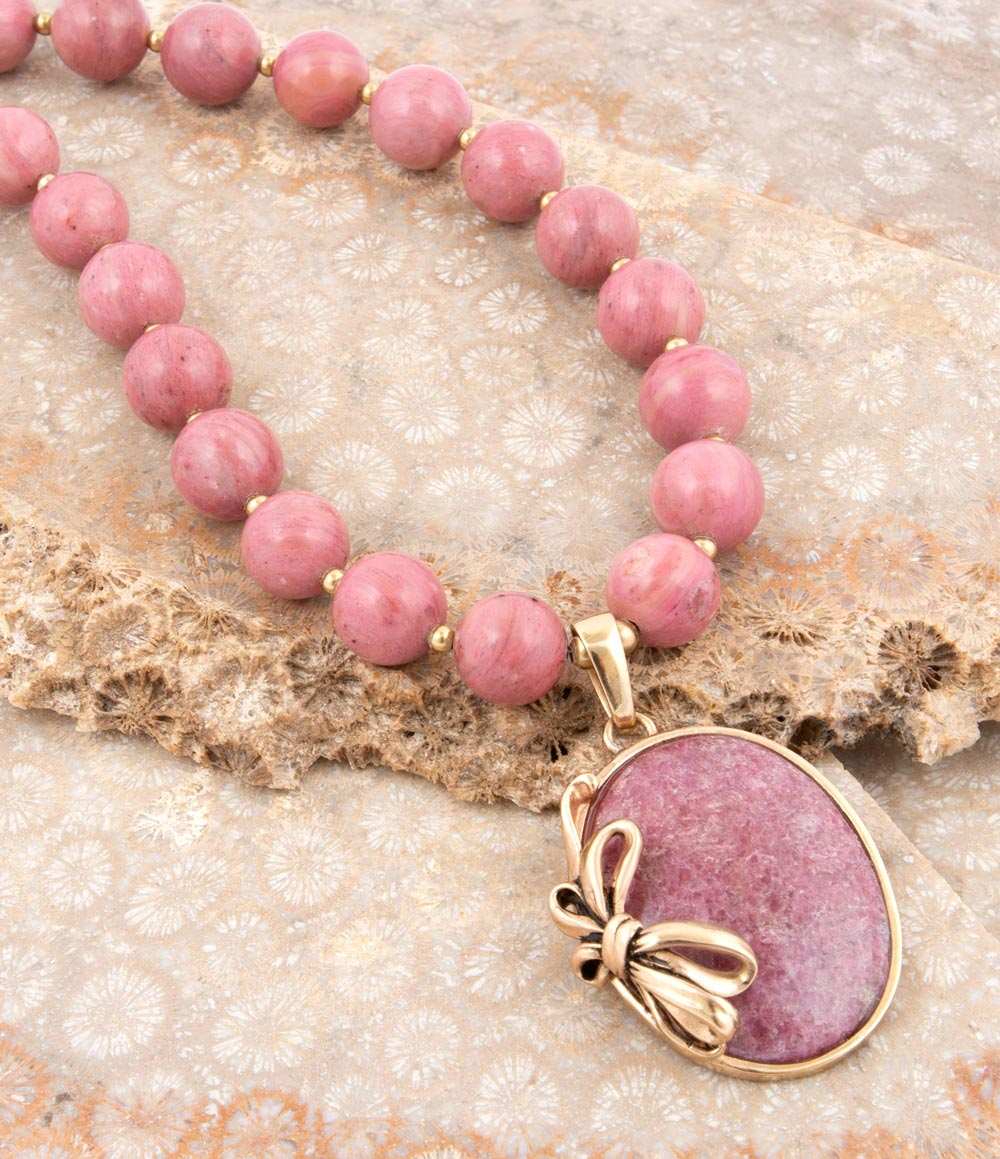 Gifted Pink Rhodonite Gold Bow Beaded Pendant Necklace - Barse Jewelry - Flyclothing LLC