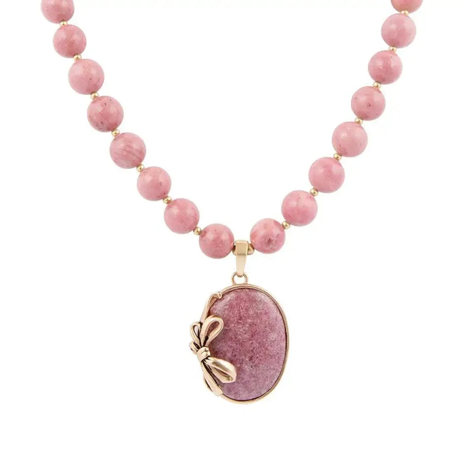 Gifted Pink Rhodonite Gold Bow Beaded Pendant Necklace - Barse Jewelry - Flyclothing LLC