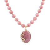 Gifted Pink Rhodonite Gold Bow Beaded Pendant Necklace