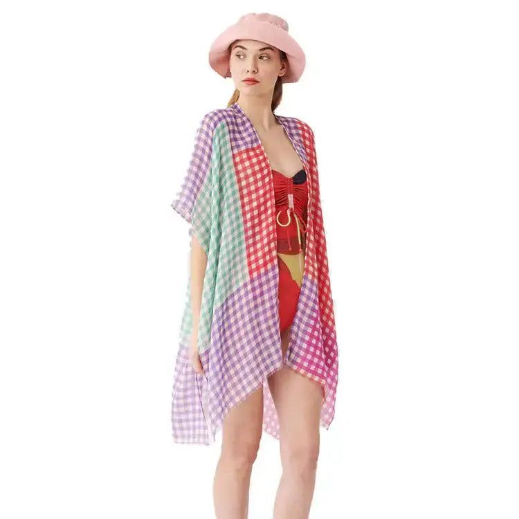 Gingham Check Cover Up Kimono Poncho Beachwear - Madeline Love - Flyclothing LLC