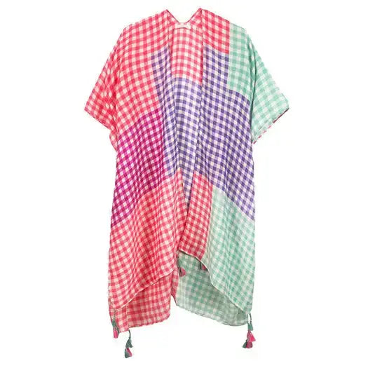 Gingham Check Cover Up Kimono Poncho Beachwear - Madeline Love - Flyclothing LLC
