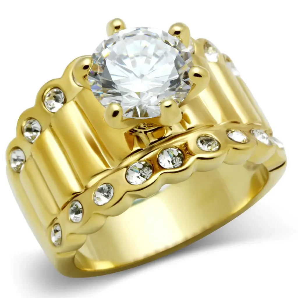 GL095 - IP Gold(Ion Plating) Brass Ring with AAA Grade CZ in Clear - Alamode - Flyclothing LLC