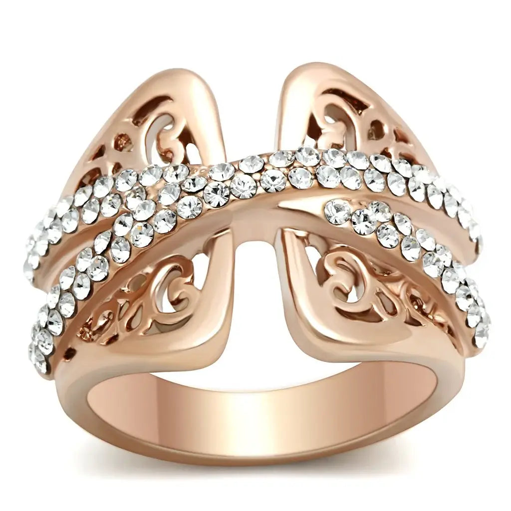 GL156 - IP Rose Gold(Ion Plating) Brass Ring with Top Grade Crystal in Clear - Alamode - Flyclothing LLC