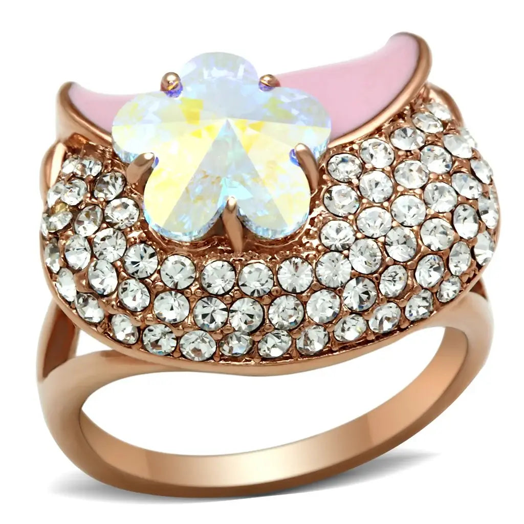 GL220 - IP Rose Gold(Ion Plating) Brass Ring with Top Grade Crystal in Clear - Alamode - Flyclothing LLC