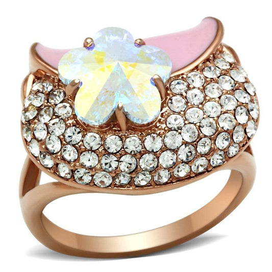 GL220 - IP Rose Gold(Ion Plating) Brass Ring with Top Grade Crystal in Clear - Alamode - Flyclothing LLC