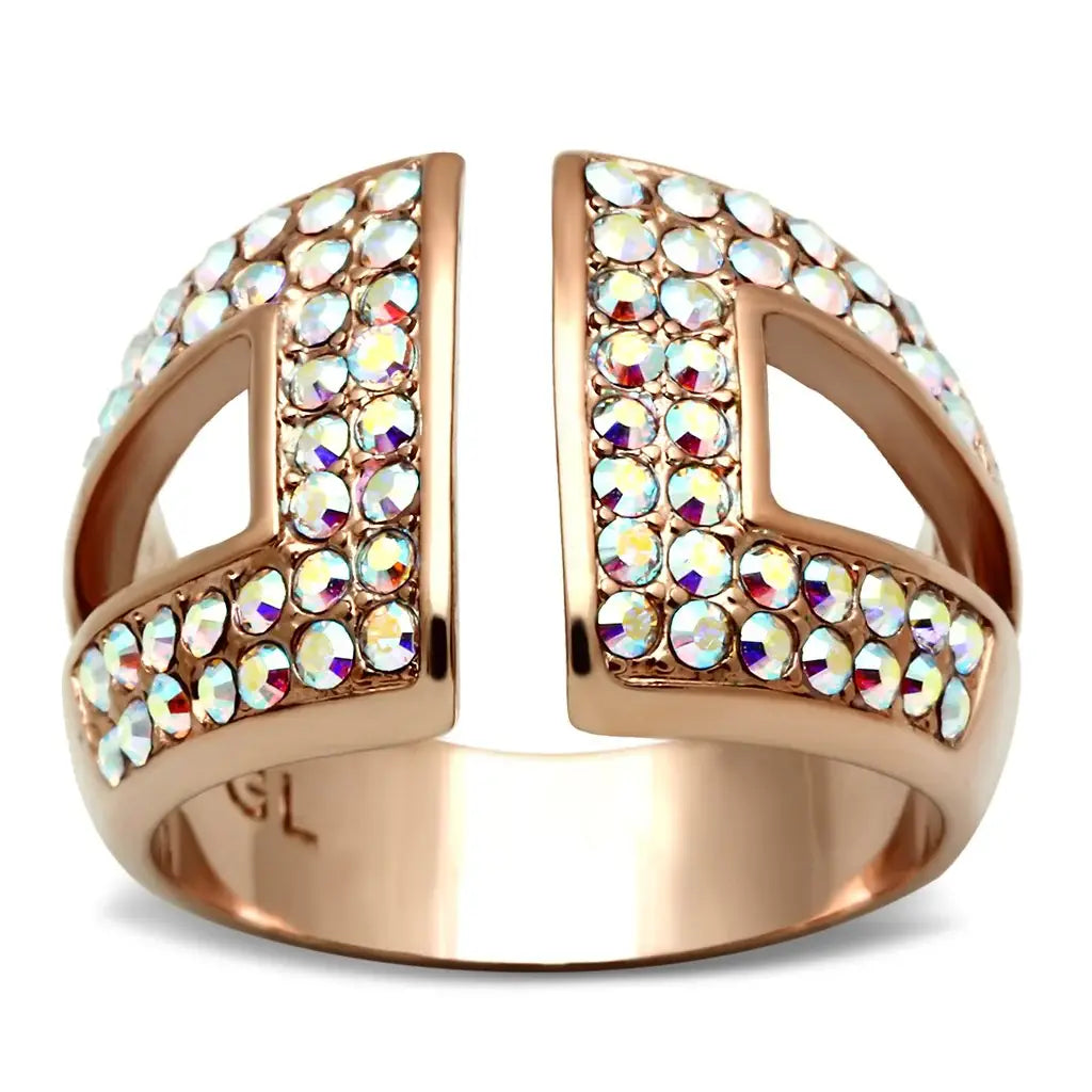 GL222 - IP Rose Gold(Ion Plating) Brass Ring with Top Grade Crystal in Aurora Borealis (Rainbow Effect) - Alamode - Flyclothing LLC