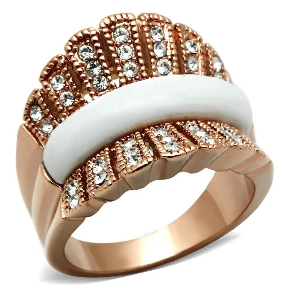 GL223 - IP Rose Gold(Ion Plating) Brass Ring with Semi-Precious Agate in White - Alamode - Flyclothing LLC